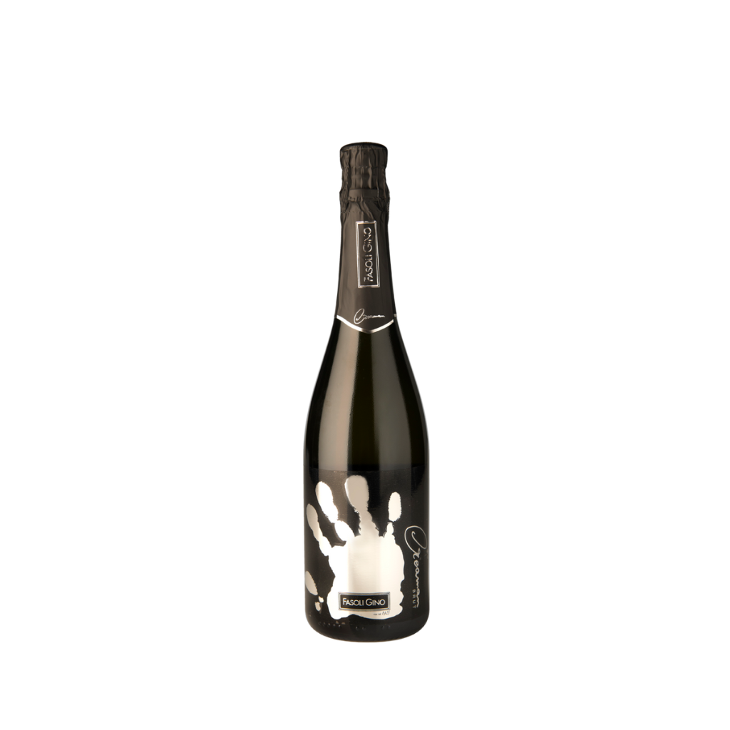 Fasoli Gino "Creaman" Spumante Brut flaske med sort label påtrykt et guldfarvet håndaftryk og navnet Creaman med lodret skrift.