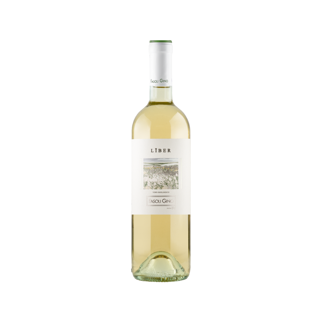 "Liber" Bianco Veronese fra Fasoli Gino hvidvinsflaske, hvidt label med et farvelagt billede af en vinmark, samt overskriften "Liber". 