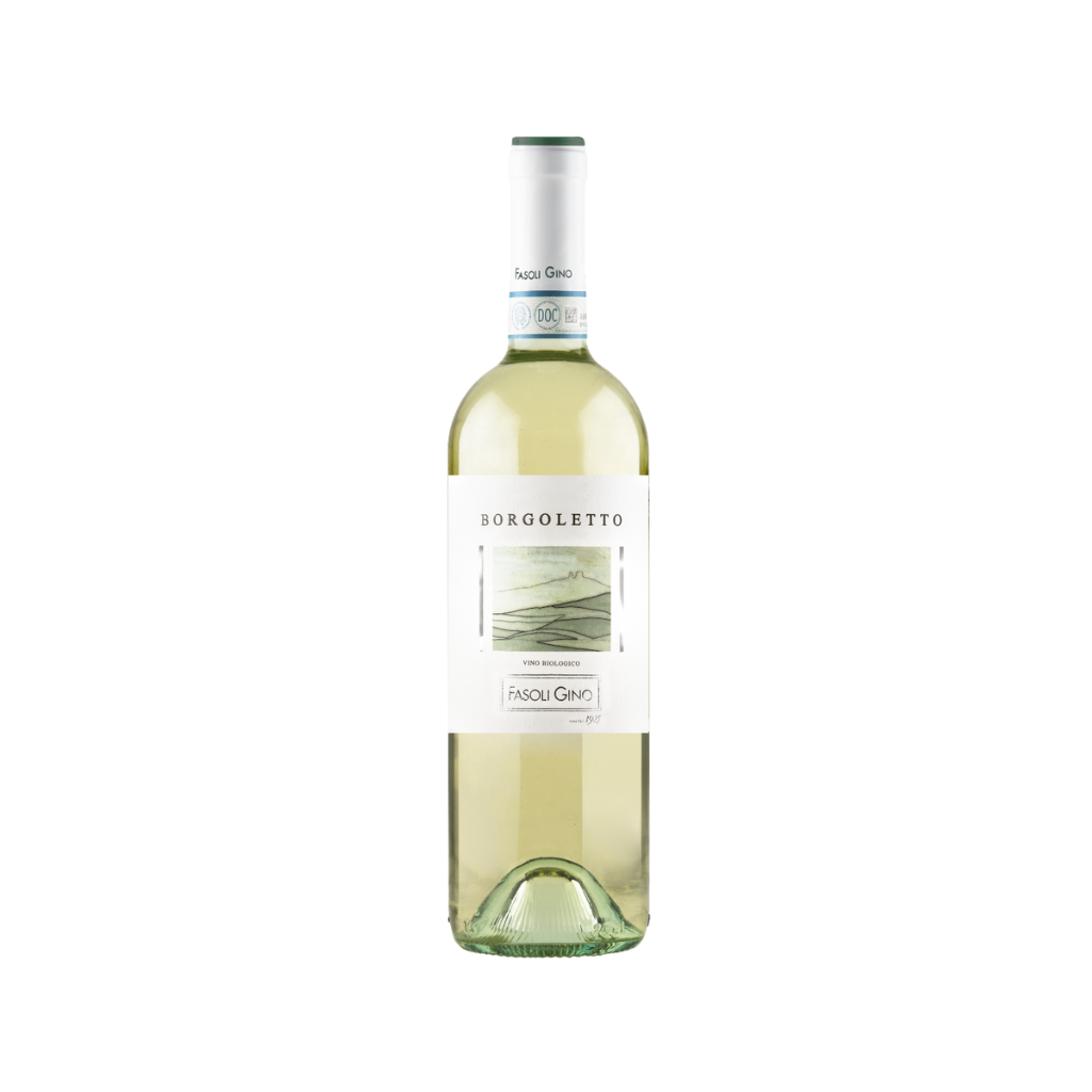 "Borgoletto" Soave Bianco Veronese fra Fasoli Gino lysegul hvidvinsflaske med hvid top og et hvidt label med overskriften "Borgoletto" i sort tekst og et minimalistisk portræt af en Borgoletto-vinmark nedenunder