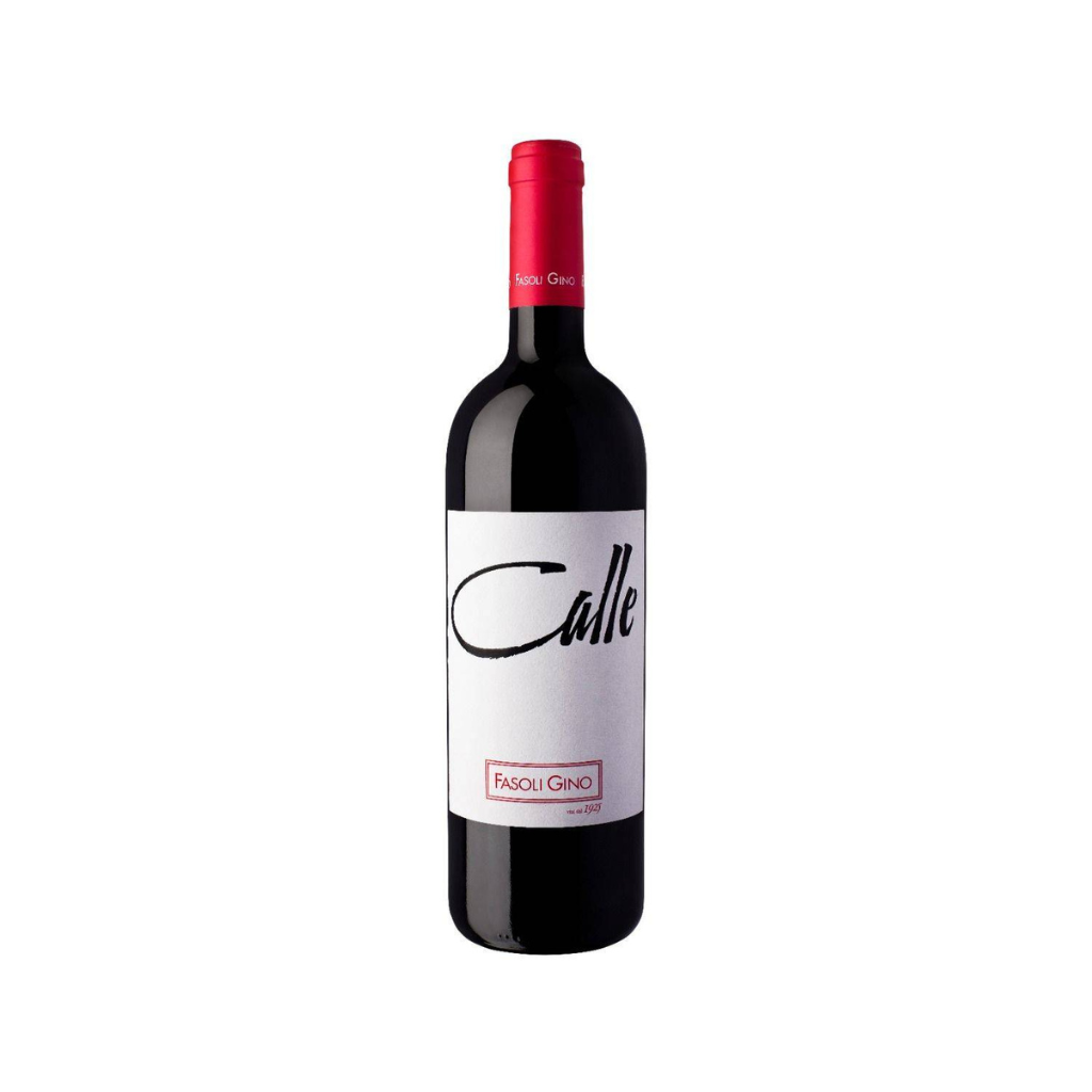 "Calle" Merlot Veronese fra Fasoli Gino rødvinsflaske med rød top og hvidt label med skriften Calle i sort tekst.