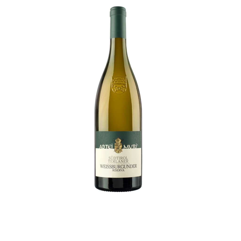 En Alto Adige Pinot Bianco weissburgunder Riserva hvidvinsflaske med grøn flasketop, samt et label som er grønt i øvre del og hvidt i nedre del med et guldfarvet våbenkors og teksten Südtirol Trlaner Weissburgunder Riserva 